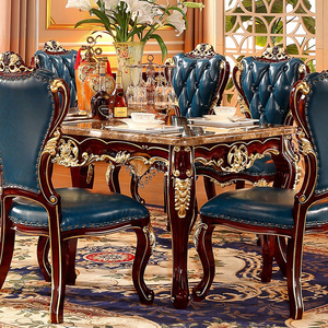 欧式餐桌美式实木1.5米大理石红檀色描金餐桌 真皮椅组合餐厅家具