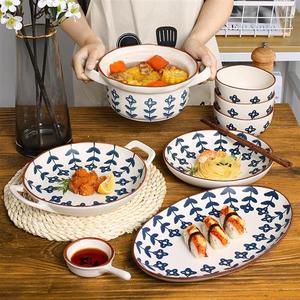 日韩风复古小蓝花陶瓷餐具饭碗菜盘子汤碗酱料碟家用餐厅组合套装