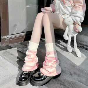 日系jk粉白条纹长筒针织腿套y2k可爱堆堆袜过膝小腿袜套女秋冬季