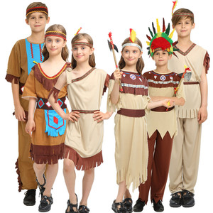 万圣节儿童野人演出服原始人衣服非洲舞蹈豹纹装猎人印第安服装