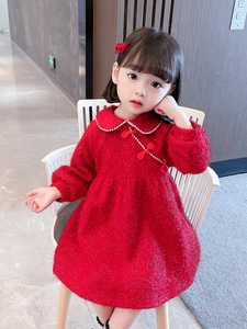 女童冬季中国风复古连衣裙女宝宝儿童洋气娃娃领加绒加厚公主裙子