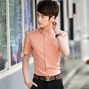 夏季糖果色短袖衬衫男士韩版修身靓仔潮流橙色衬衣高级感商务寸衫