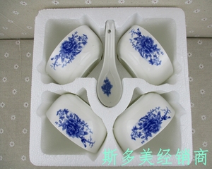创意青花碗家用礼品碗1+2+4+6定制LOGO韩式碗套装陶瓷餐具带勺子