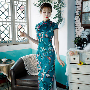 名丽纱2024新款丝绸长款蕾丝边大码气质中国风连衣裙修身显瘦旗袍