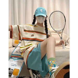 韩盐系OOTD条纹运动套装女夏季宽松短袖短裤休闲学院风两件套跑步