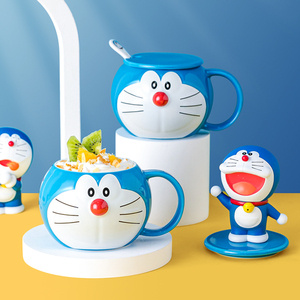 哆啦A梦牛奶麦片水杯陶瓷ins卡通杯子可爱儿童带盖勺大容量马克杯