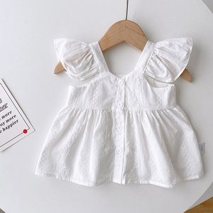 洋气女童娃娃衫夏白色宝宝小飞袖蕾丝裙式上衣婴儿小童背心吊带女