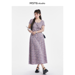 M5T6/KOUSHU蔻述微胖甜法狂想曲/法式条纹连衣裙收腰修身针织短裙