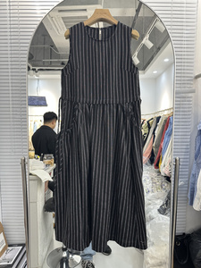 MAY MKON韩版无袖设计感腰系带宽松条纹连衣裙女2024夏季显瘦长裙