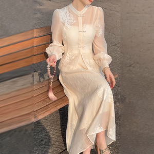 新中式国风女装旗袍白色连衣裙子女夏季2024新款别致绝美套装长裙