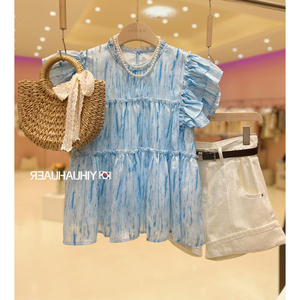 『蓝调星河』韩国东大门新款荷叶边小飞袖上衣女夏设计感扎染衬衫