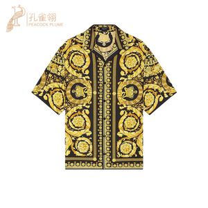 Versace/范思哲男士黄色真丝印花图案正面系扣时尚潮流短袖衬衫