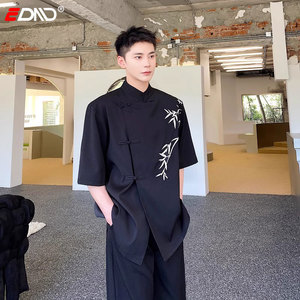 夏季新中式盘扣衬衫男士短袖竹子刺绣设计感复古中国风衬衣服男装