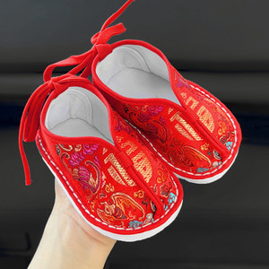 宝宝周岁抓周大红色福字千层底手工布鞋婴儿学步鞋节日传统中国风