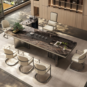奢石岩板茶台桌现代轻奢办公室茶台大板桌高级感套装泡茶桌椅组合
