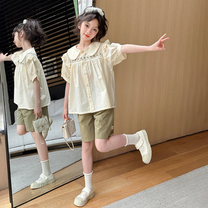 女童套装2024夏季新款8中大童9休闲短袖娃娃领衬衫短裤两件套十岁