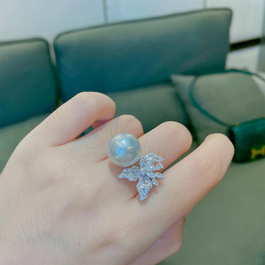 新品高碳钻贝珠珍珠戒指女开口满钻锆石花朵清新优雅百搭澳白指环