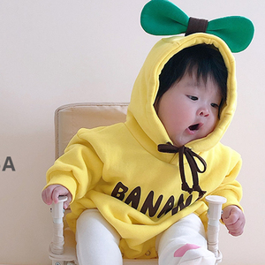 现货韩国进口婴儿可爱草叶加绒爬服宝宝百天香蕉纯棉包屁连体卫衣