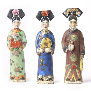 景德镇明清古典陶瓷侍女套装三个青花粉彩工艺仿古陶瓷摆件雕塑瓷