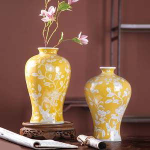 陶瓷花瓶梅瓶新中式青花瓷客可水培花瓶手工堆釉黄色手绘有凹凸感