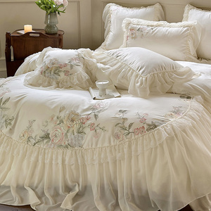 法式140S全棉长绒棉高档床上四件套公主风纯棉蕾丝绣花被套床单4