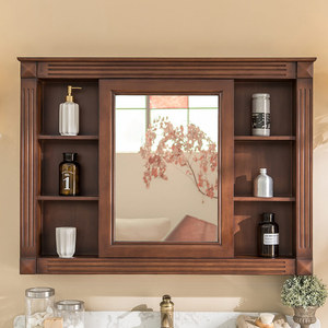美式浴室镜柜卫浴镜子卫生间橡木吊柜壁挂墙式实木镜箱收纳储物柜