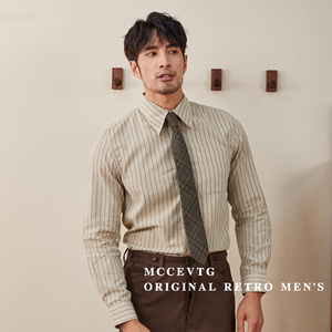 MCCEVTG 男士衬衫长袖条纹纯棉做旧质感商务复古优雅法式领衬衣男