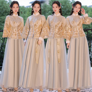 中式伴娘服冬季2024新款女长袖婚礼伴娘礼服姐妹团冬天保暖小礼服