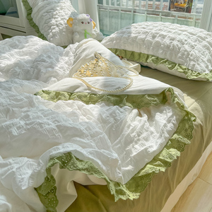 韩式公主风四件套少女心水洗棉奶油泡泡纱被套全纯色床单床上用品