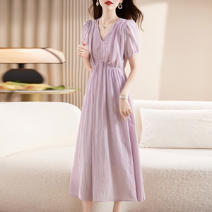 法式名媛气质紫色纯棉连衣裙女2024夏季新款V领高腰修身显瘦长裙
