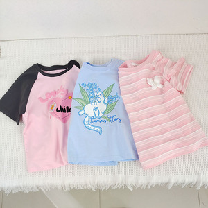 110－160新款童装夏季儿童圆领背心上衣插肩蓝色小猫女童短袖T恤