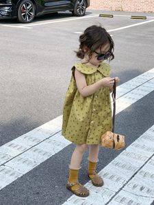 韩国女童夏装复古波点连衣裙2024新款洋气儿童娃娃领宝宝背心裙子