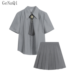 GeNaQi学院风套装女夏季新款ins领带灰色短袖衬衫百褶裙两件套