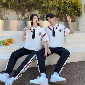 夏季中小学生韩版原宿学院风短袖班服中学生潮流假两件校服套装