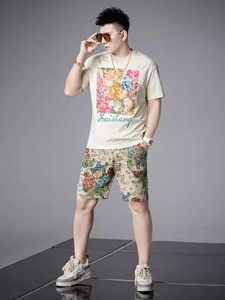 欧货刺绣花色短袖短裤套装高级感男潮牌2024夏季新款男士一套搭配