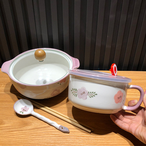 陶瓷泡面碗带盖勺宿舍家用手柄保鲜碗日式双耳汤碗学生面碗一人食
