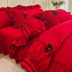 公主风双层褶皱荷叶花边床单床裙款四件套蝴蝶结红色婚庆双人被套