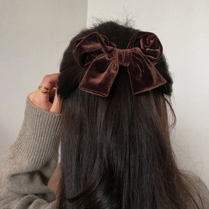 韩国进口头发饰品正品代购ins法式少女棕色绒布蝴蝶结发夹发卡