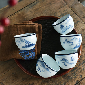 德化陶瓷品茗杯大号主人单杯中式茶具家用茶碗缸杯手绘青花釉下彩