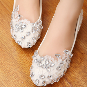 蕾丝手工镶贴水钻白色水晶婚鞋 低跟新娘拍照鞋 特色平底伴娘鞋女