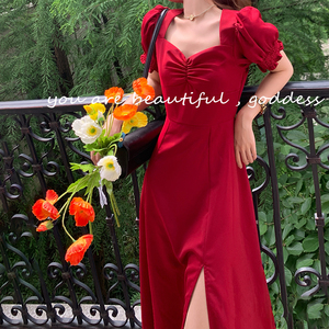 AMI NANA◆法式复古领证红色连衣裙女气质显瘦仙女裙短袖长裙子