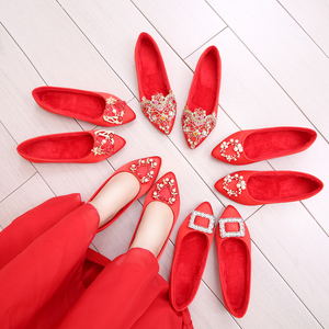 婚鞋女平底新娘鞋子秋冬季加绒2022红色粗跟中式秀禾红鞋绣褂鞋结