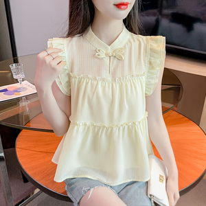 新中式立领飞飞袖雪纺衫女夏季小个子洋气减龄衬衫设计感小众上衣