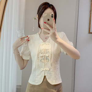 新中式刺绣雪纺衬衫女夏季国风V领提花小衫气质流苏盘扣短袖上衣