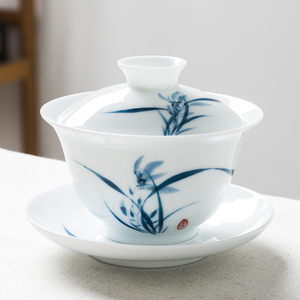 手绘三才盖碗茶杯大号白瓷单个青花瓷功夫泡喝敬沏陶瓷茶具中式
