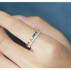 韩版彩虹糖果色闪钻戒指女满圈单排宝石简约小钻水晶排钻纤细指环