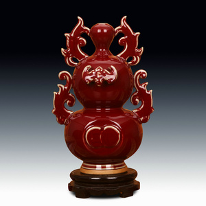 景德镇陶瓷花瓶 钧瓷仿古官窑变朗祭红蝙蝠元宝葫芦花瓶 中式摆件