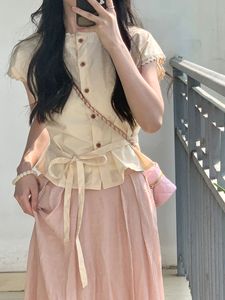 日系夏季甜美温柔风收腰绑带花边短袖衬衫女垂感半身中长裙两件套
