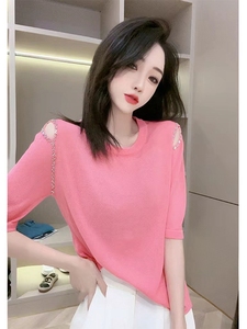 夏季韩系设计感短袖镂空针织衫女士别致独特时尚粉色钉珠绝美上衣