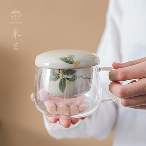 奉茗手绘丹桂花玻璃办公杯茶水分离陶瓷家用马克杯带过滤泡茶茶具